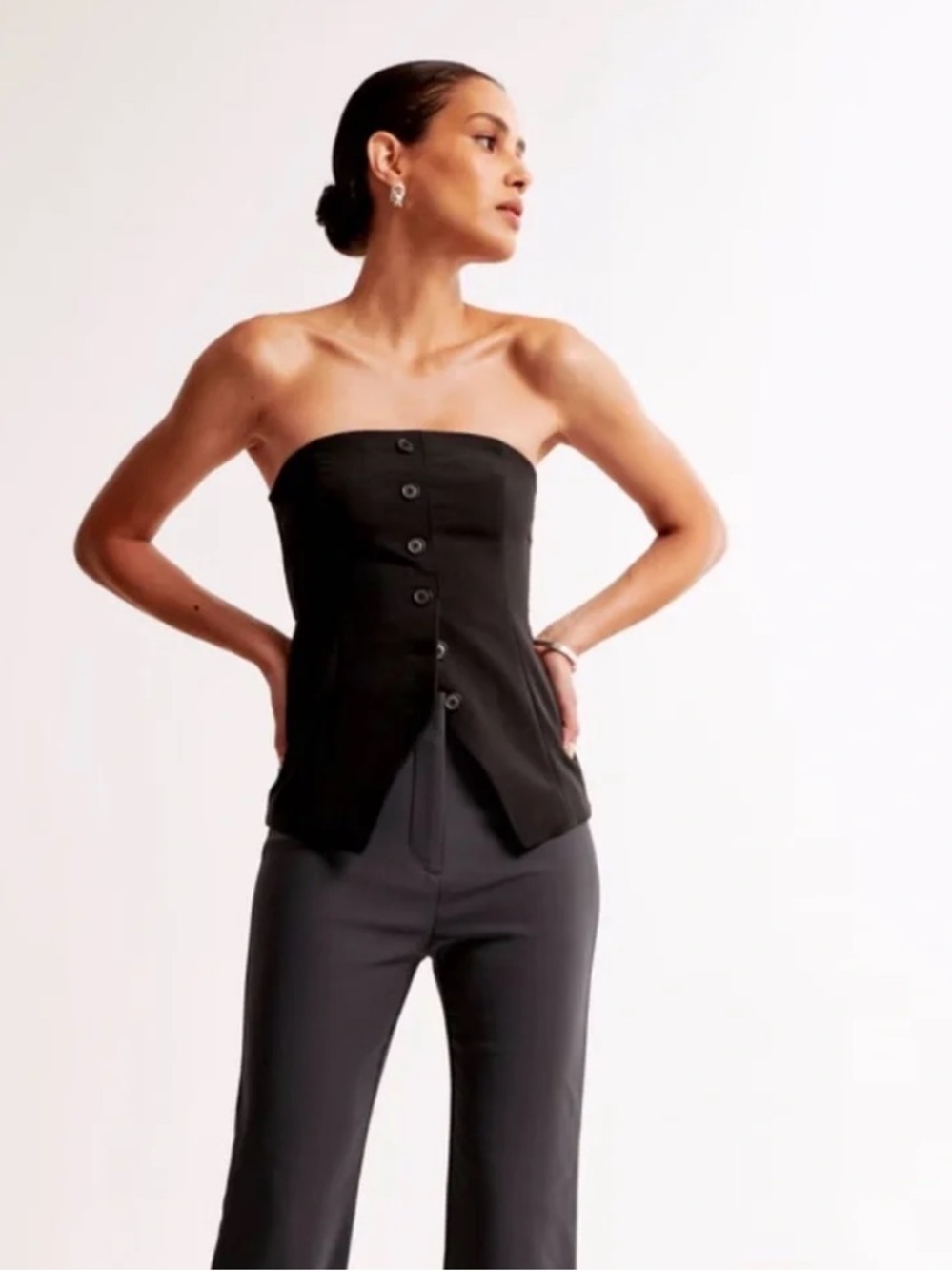 A&F: Strapless Black Minimalist Top Button-Front Bustier